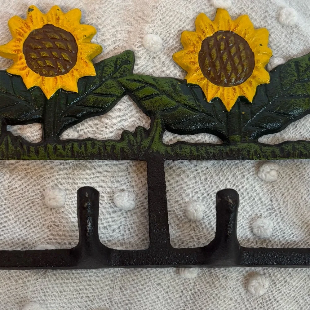 VINTAGE Farmhouse Cast Iron HOOK WALL HANGER Sunflowers